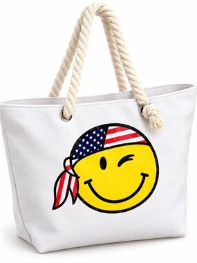 NWT White Canvas Smiley Tote Bag with Yellow Smiley and American Flag Accent!